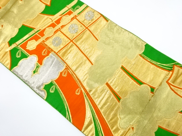 JAPANESE KIMONO / ANTIQUE FUKURO OBI / SILK / WOVEN CLOUD & SCREEN